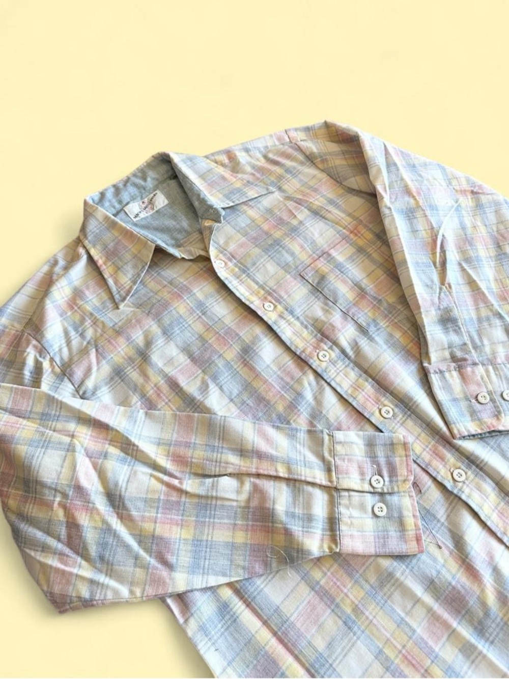 Vintage 60s 70s Macy’s Dagger Collar Pastel Plaid Shirt Men’s Size L